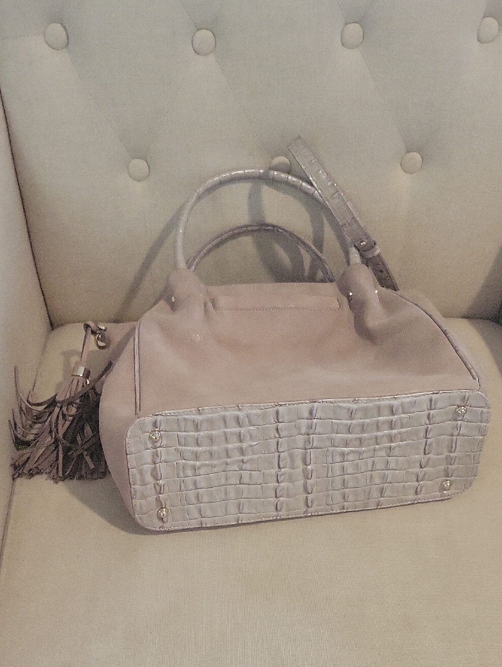 Brahmin handbag Mallory Warm Gray Tan Reynolds Glove Soft Leather Satchel - Picture 9 of 9